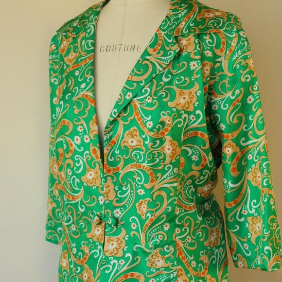 Vintage 1960s Suit, Green and Gold Silk Jacket and Skirt with Pockets, Two Piece - Picture 8 of 10